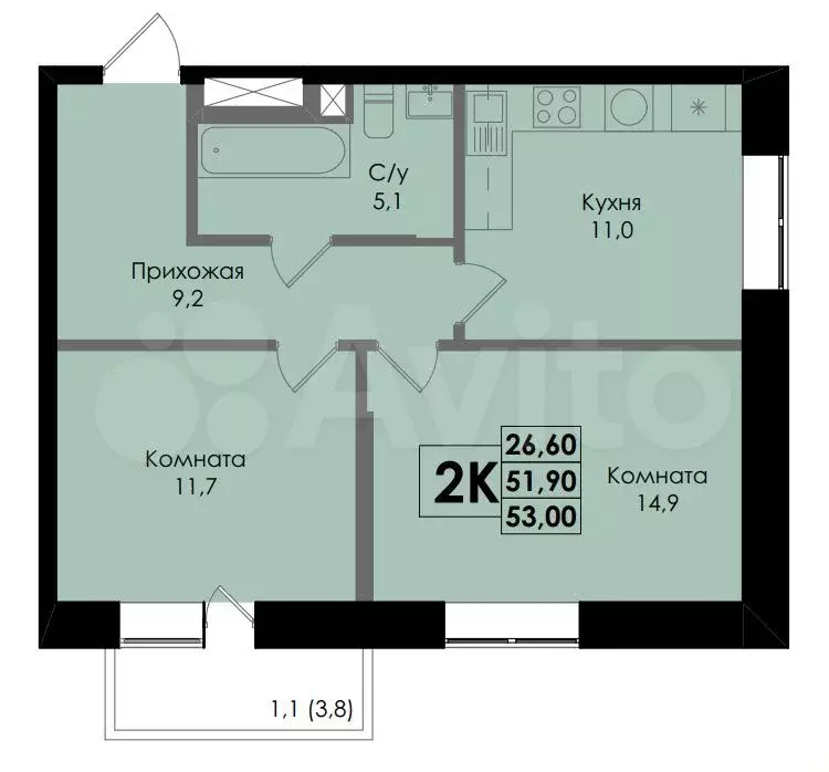 2-к. квартира, 53 м, 2/22 эт. - Фото 0