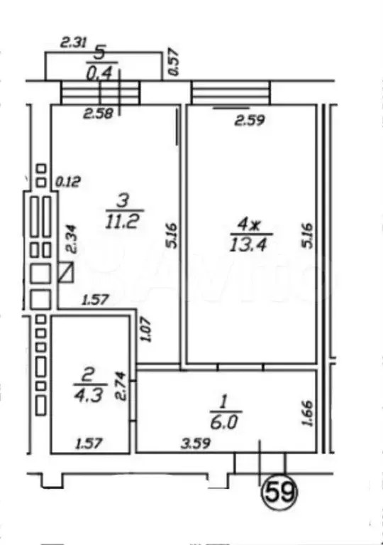 1-к. квартира, 34,9м, 4/5эт. - Фото 1