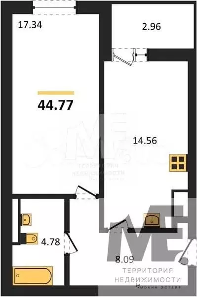 1-к. квартира, 45 м, 1/9 эт. - Фото 0