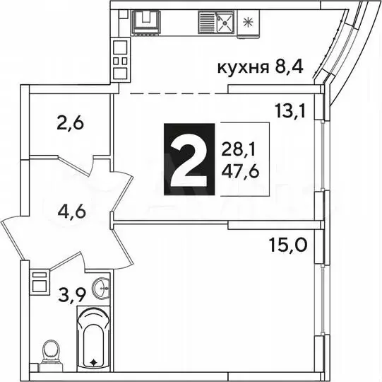 2-к. квартира, 47,6 м, 2/16 эт. - Фото 1