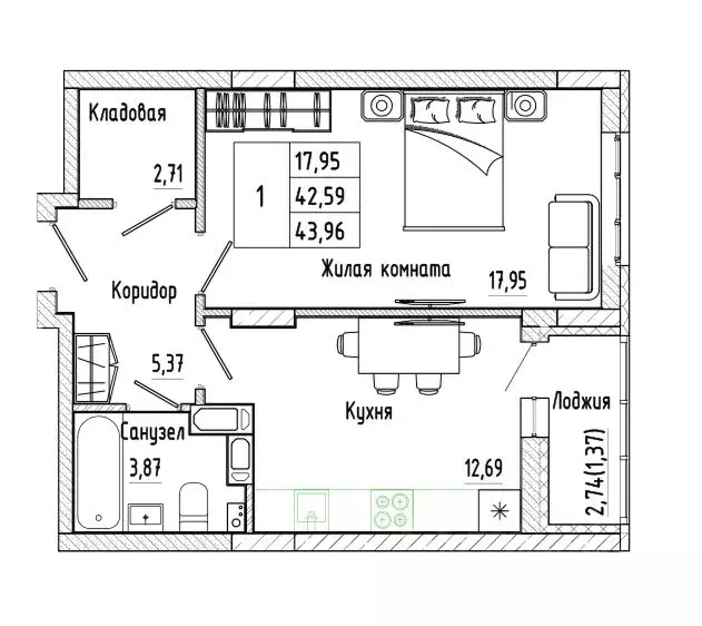 1-к кв. Воронежская область, Воронеж Нижняя ул., 32 (43.96 м) - Фото 1