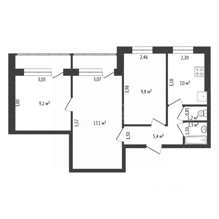 3-к кв. Башкортостан, Уфа ул. Николая Дмитриева, 19 (52.3 м) - Фото 2
