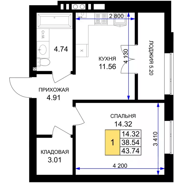 1-к кв. Калининградская область, Гурьевск Включи жилой комплекс (43.74 ... - Фото 1