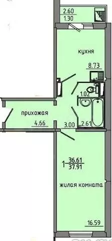 1-к. квартира, 36,3 м, 3/10 эт. - Фото 0