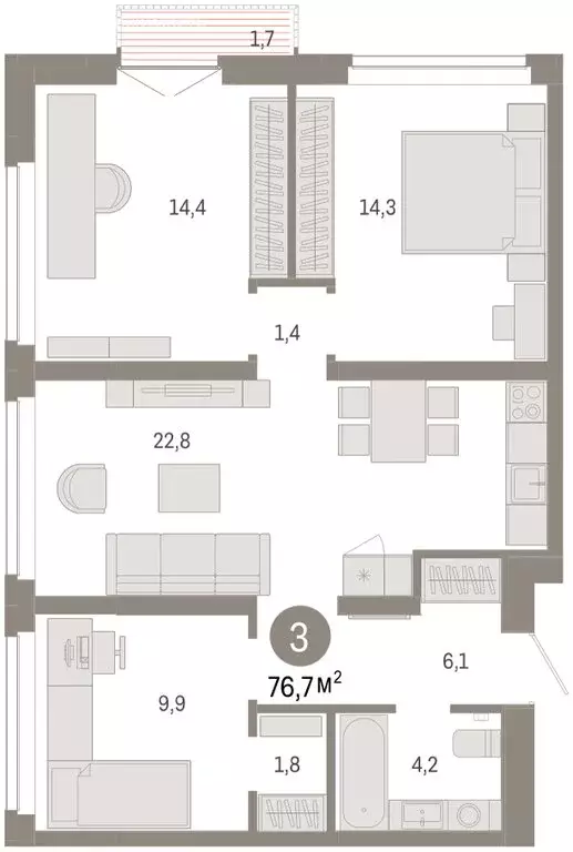3-комнатная квартира: Тюмень, улица Республики, 205к2 (76.7 м) - Фото 1