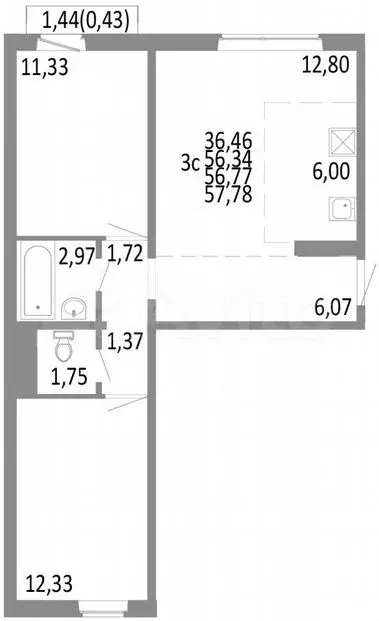 3-к. квартира, 56,8 м, 7/10 эт. - Фото 0