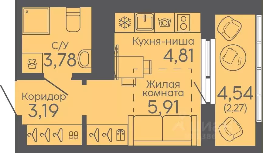 Студия Свердловская область, Екатеринбург Новокольцовский мкр,  (19.96 ... - Фото 0