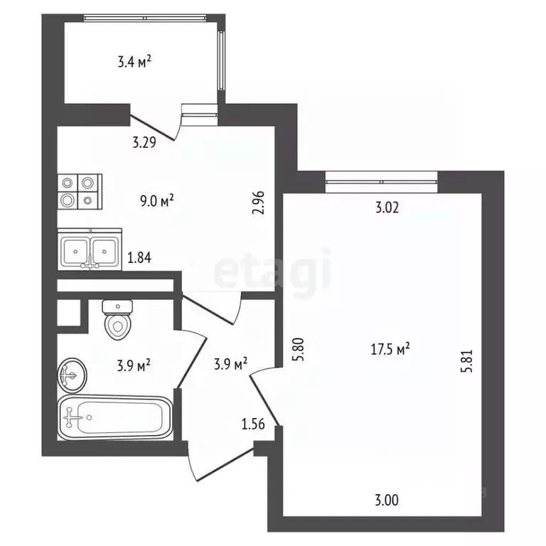 1-к кв. Санкт-Петербург ул. Адмирала Черокова, 18к2 (34.3 м) - Фото 2