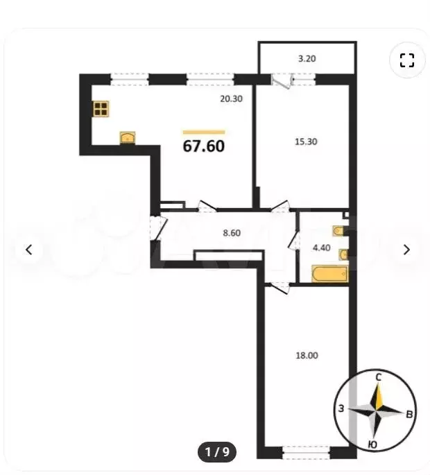 2-к. квартира, 67,6 м, 8/8 эт. - Фото 1