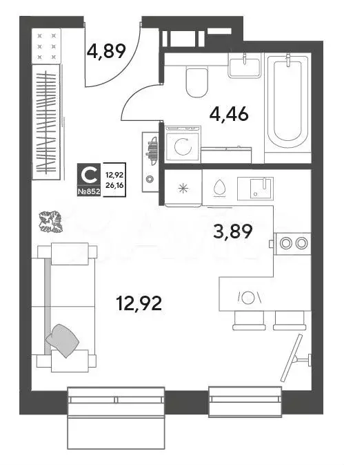 Квартира-студия, 26,2 м, 6/9 эт. - Фото 0