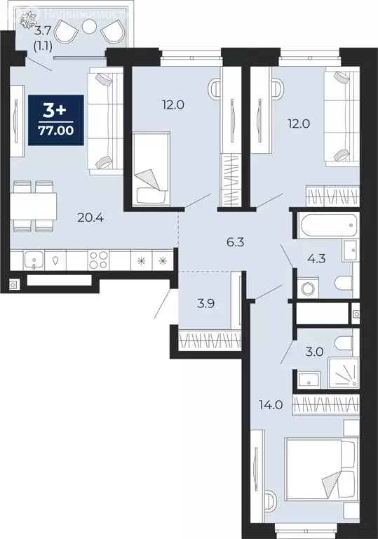 3-комнатная квартира: Тюмень, проезд Капитана Куликова, 5 (79.6 м) - Фото 1