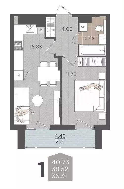 1-к. квартира, 40,7 м, 6/9 эт. - Фото 1