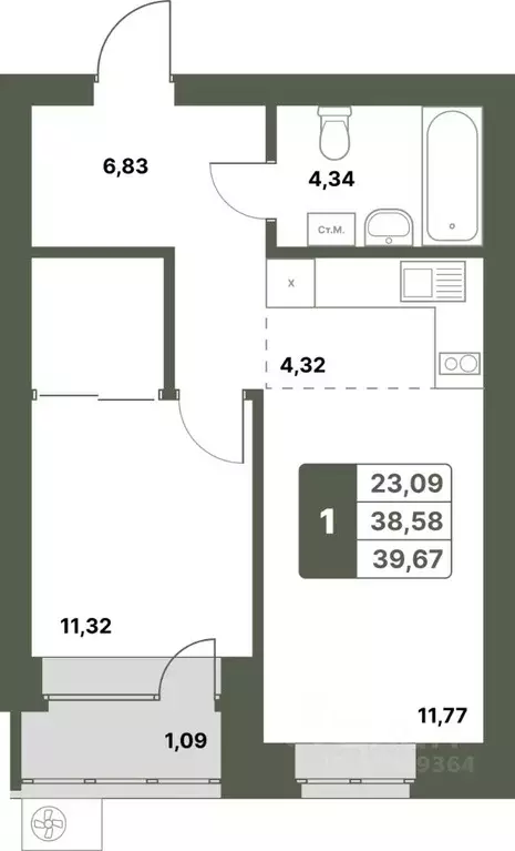 1-к кв. Башкортостан, Уфимский район, с. Миловка  (39.67 м) - Фото 1