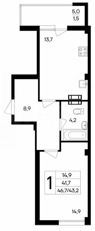 1-к. квартира, 43,2 м, 5/9 эт. - Фото 0