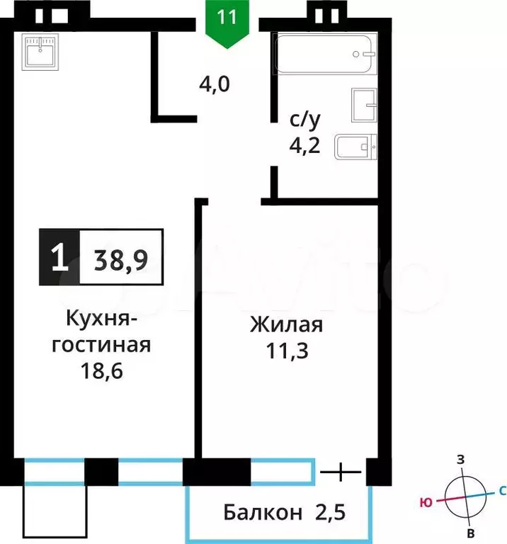 1-к. квартира, 38,9 м, 2/6 эт. - Фото 0