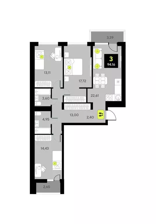 3-комнатная квартира: Тюмень, улица Разведчика Кузнецова, 7 (94.16 м) - Фото 0