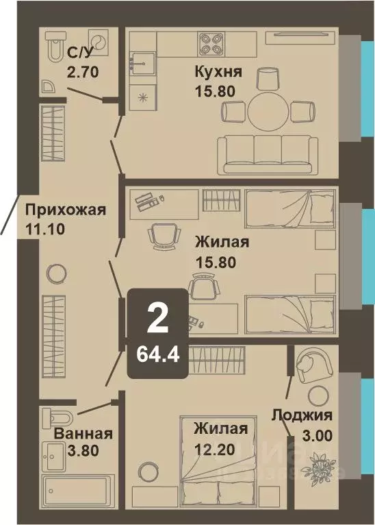 2-к кв. Чувашия, Чебоксары ул. И.П. Прокопьева (64.4 м) - Фото 1