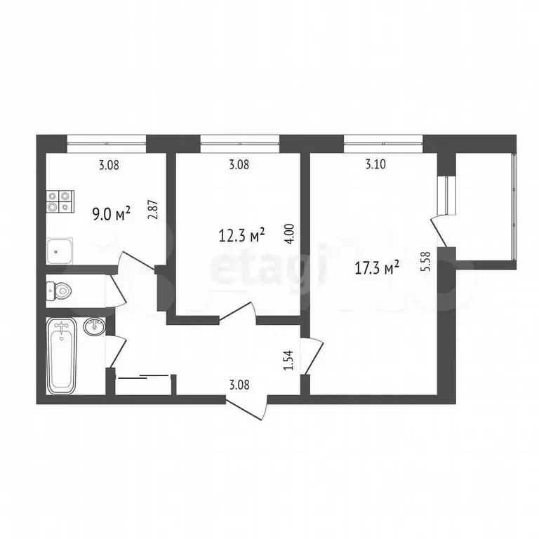 2-к. квартира, 51 м, 8/9 эт. - Фото 0