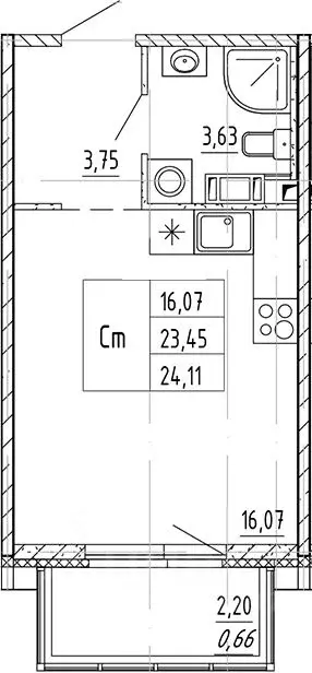Студия Санкт-Петербург Плюс Пулковский жилой комплекс (26.7 м) - Фото 2