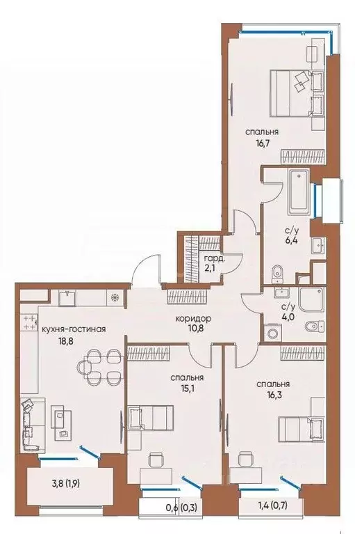 Квартира, 3 комнаты, 95 м - Фото 2