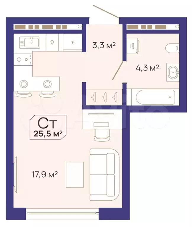 Квартира-студия, 25,5 м, 8/12 эт. - Фото 1