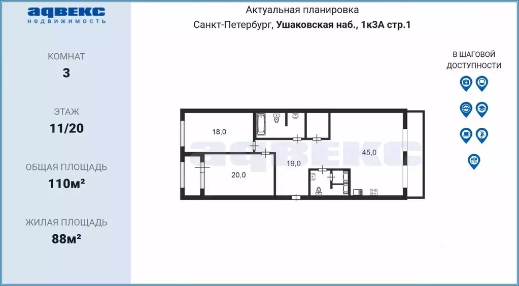 3-к кв. Санкт-Петербург Ушаковская наб., 1к3А1 (110.0 м) - Фото 1