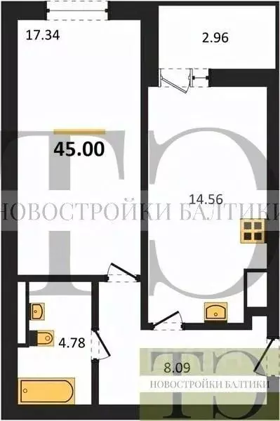 1-к кв. Калининградская область, Гурьевский муниципальный округ, пос. ... - Фото 0