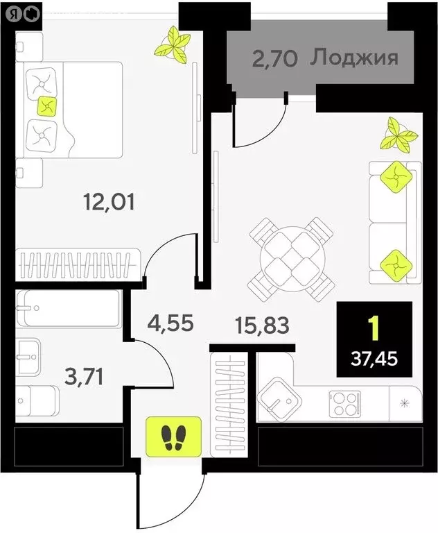 1-комнатная квартира: Тюмень, улица Андрея Приказнова, 1 (37.45 м) - Фото 0