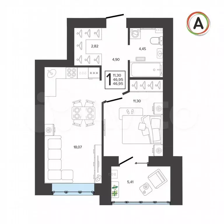 1-к. квартира, 47 м, 4/9 эт. - Фото 1