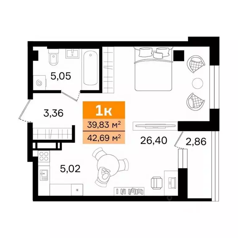 1-к кв. Курганская область, Курган просп. Конституции (42.69 м) - Фото 2