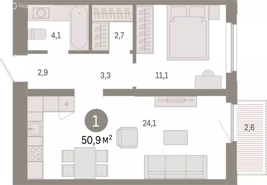 1-комнатная квартира: Тюмень, Мысовская улица, 26к2 (50.87 м) - Фото 1