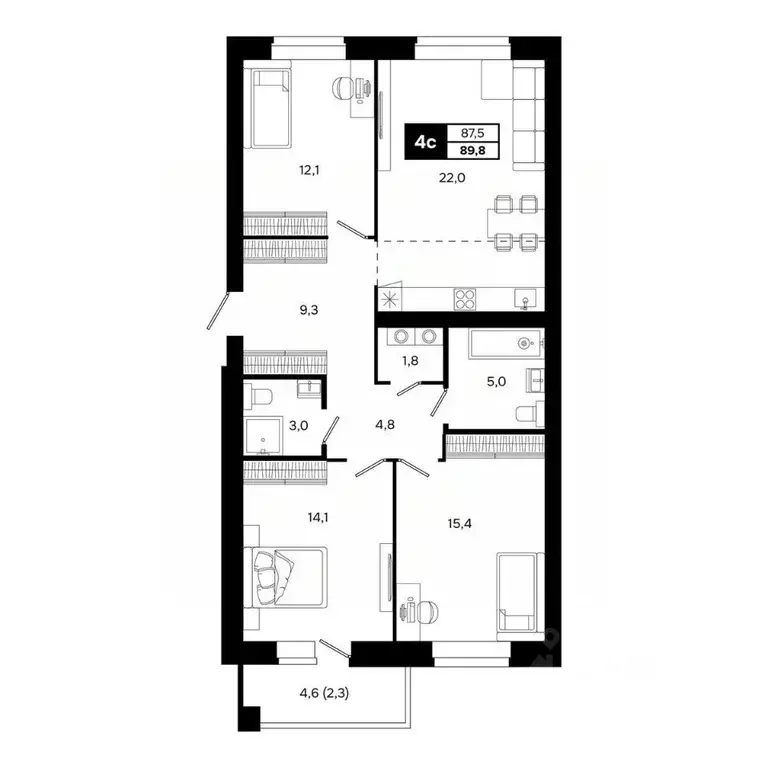 4-к кв. Новосибирская область, Кольцово рп ул. Благовещенская, 2 (89.8 ... - Фото 1