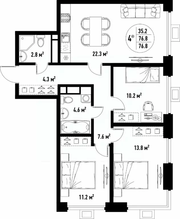 4-к кв. Астраханская область, Астрахань ул. Бэра, 29 (76.8 м) - Фото 2