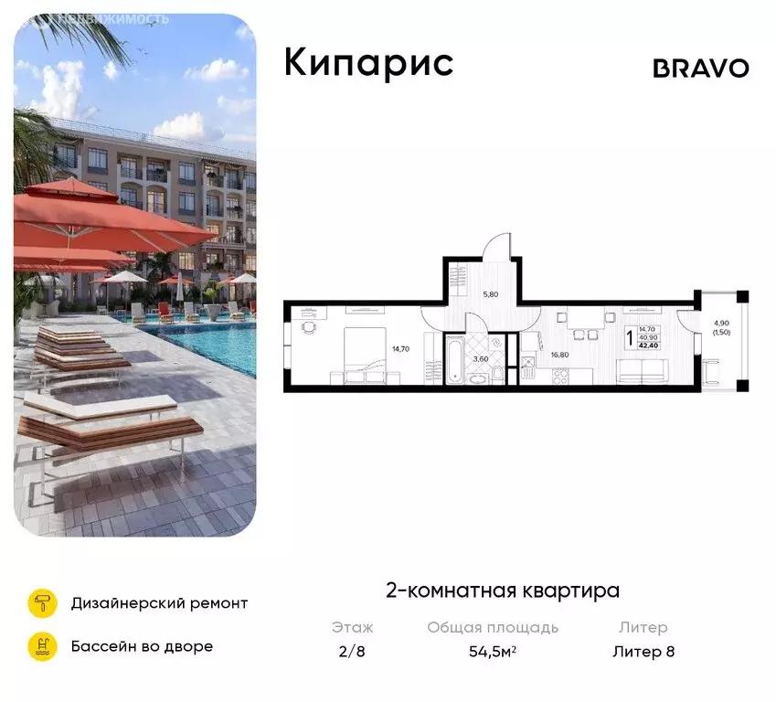 2-комнатная квартира: Сукко, жилой комплекс Кипарис (54.5 м) - Фото 0