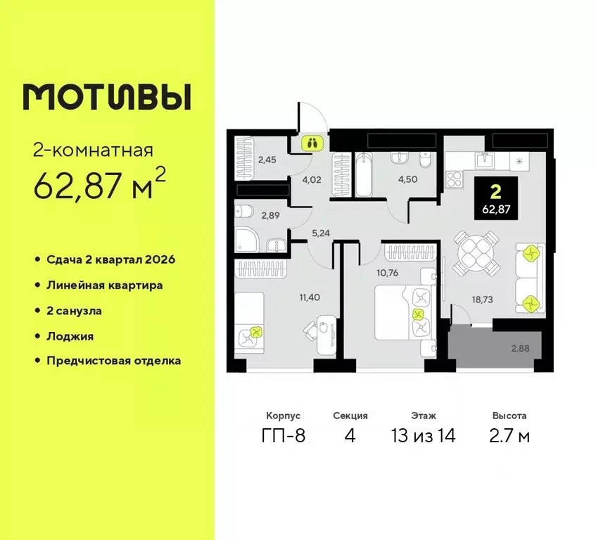2-к кв. Тюменская область, Тюмень Мотивы жилой комплекс (62.87 м) - Фото 0