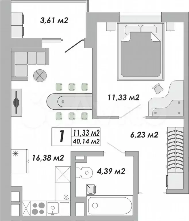 1-к. квартира, 40,1 м, 4/15 эт. - Фото 0
