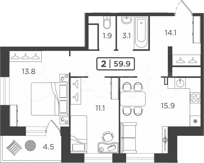 2-к. квартира, 60 м, 8/24 эт. - Фото 0