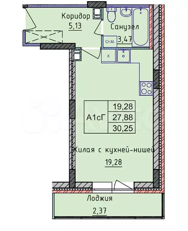 Квартира-студия, 30,3 м, 4/8 эт. - Фото 0