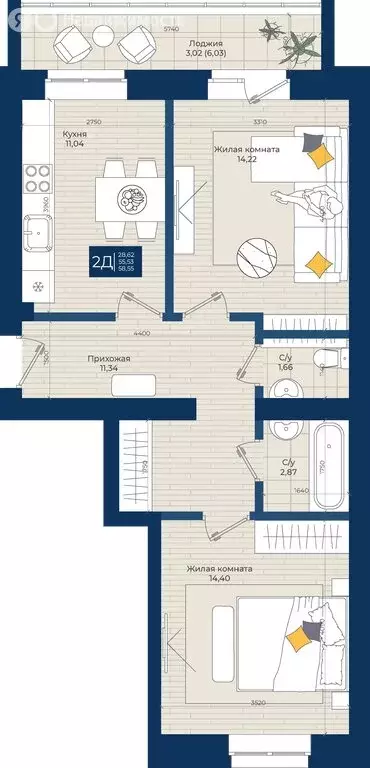 2-комнатная квартира: село Осиново, Дорожная улица, 25 (59 м) - Фото 1