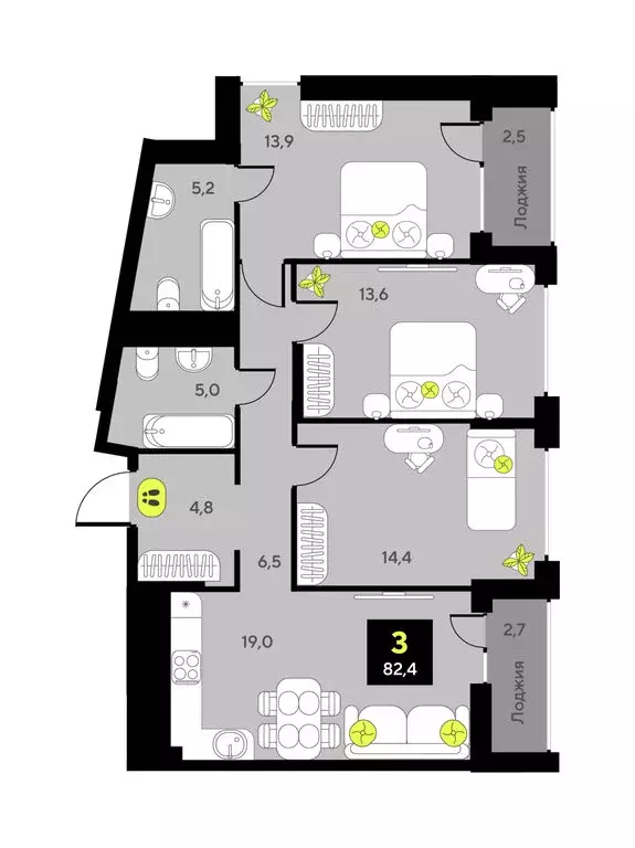 3-комнатная квартира: Тюмень, улица Пожарных и Спасателей, 16 (82.4 м) - Фото 1