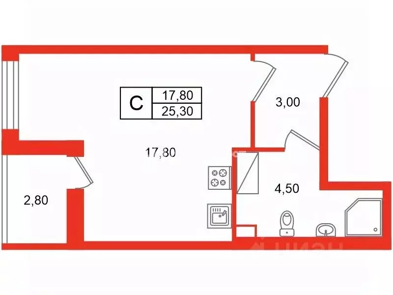 Студия Санкт-Петербург просп. Буденного, 19к1 (25.3 м) - Фото 1