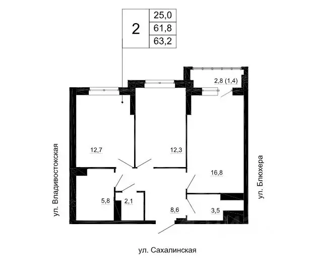 2-к кв. Свердловская область, Екатеринбург ул. Кронштадтская (63.2 м) - Фото 1