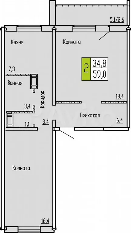 2-к. квартира, 59 м, 8/10 эт. - Фото 0