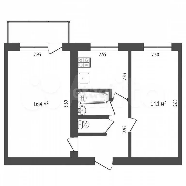 2-к. квартира, 44,1 м, 5/5 эт. - Фото 0