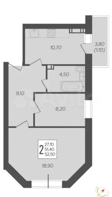 2-к. квартира, 52,5 м, 2/9 эт. - Фото 0