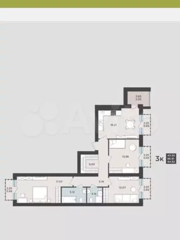 3-к. квартира, 86,9 м, 2/9 эт. - Фото 1