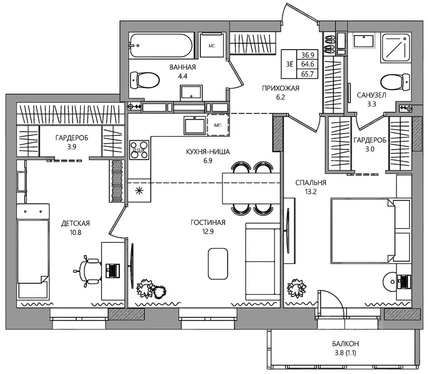 3-к кв. Пермский край, Пермь ул. Капитана Гастелло, 15 (65.7 м) - Фото 1