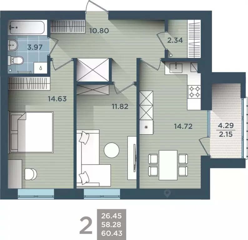 2-к кв. Калининградская область, Калининград ул. Сержанта Мишина, 81к3 ... - Фото 0