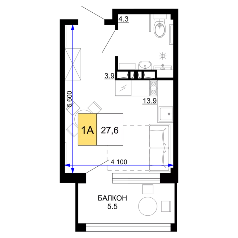 1-к квартира, 27.6 м - Фото 0