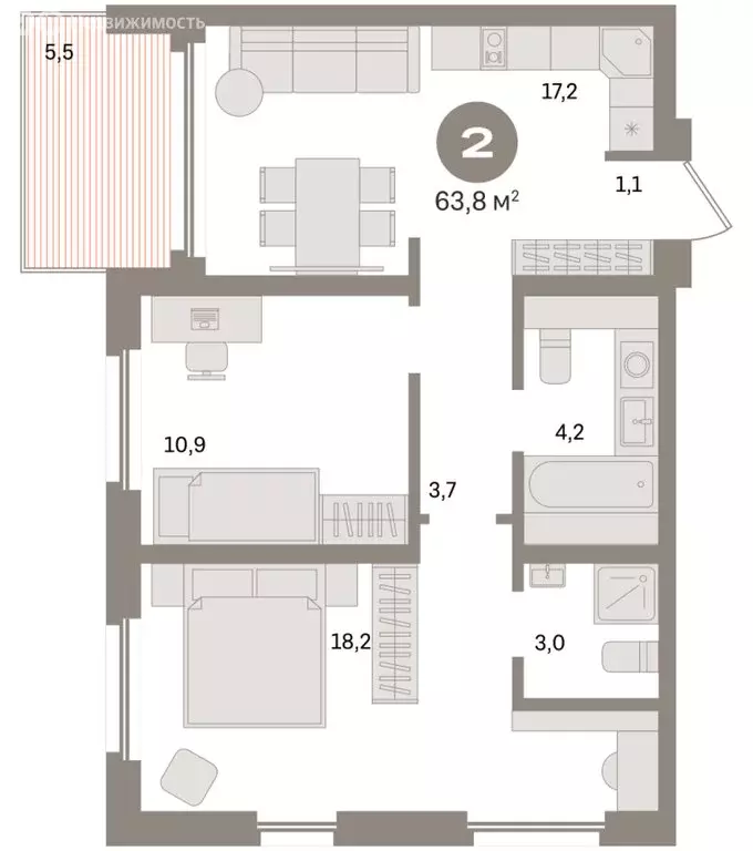 2-комнатная квартира: Екатеринбург, улица Советских Женщин (63.8 м) - Фото 2